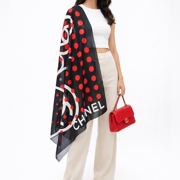 CHANEL Accessories - Chanel Black Red Polka Dot CC Logo Cotton Scarf Italy Oversized 38" x 60"